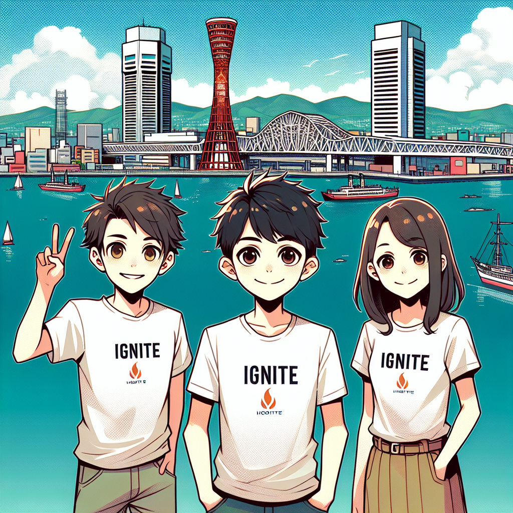 神戸の街並みとオリジナルTシャツを着たグループ